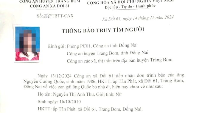 Truy tìm bé gái 14 tuổi mất liên lạc nhiều ngày ở Đồng Nai