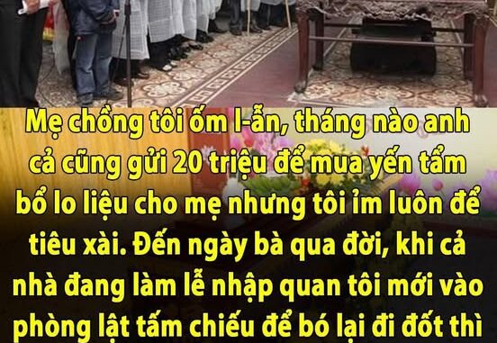 Mẹ chồng tôi ốm l-ẫn, tháng nào anh cả cũng gửi 20 triệu để mua yến tẩm bổ lo liệu cho mẹ nhưng tôi ỉm luôn để tiêu xài. Đến ngày bà qua đời, khi cả nhà đang làm lễ nhập quan tôi mới vào phòng lật tấm chiếu để bó lại đi đốt thì lên tôi s-ởn g-ai ố-c thấy tờ giấy A4 bên dưới