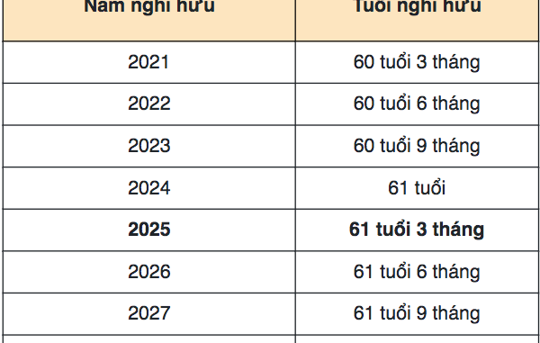 Bảng tính tuổi nghỉ hưu 2025